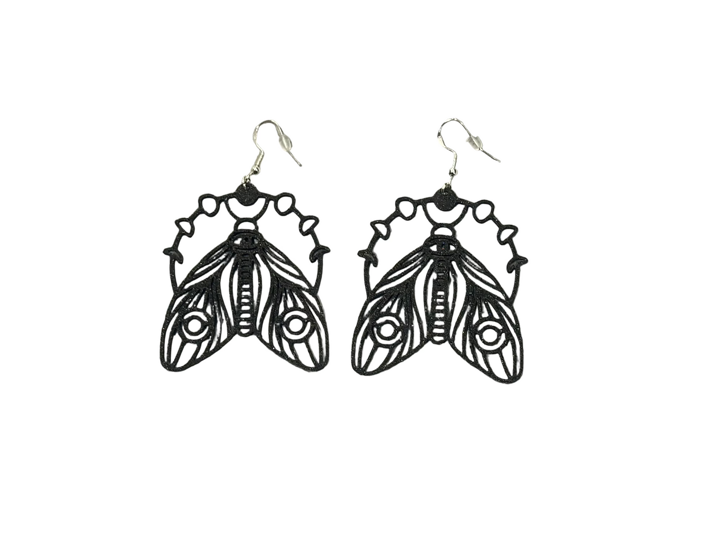 Celestial Moth Earrings with Moon Phases | Black Glitter 3D Printed Dangles | Celestial Goth Jewelry