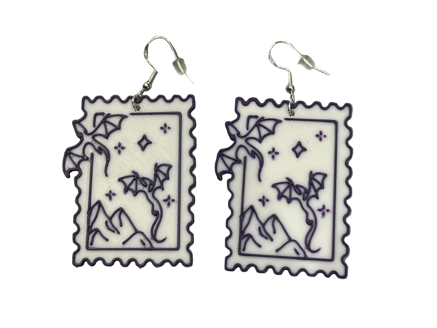 Fantasy Book Lover Dragon Earrings | Lightweight Postage Stamp Dangles | Black or Purple
