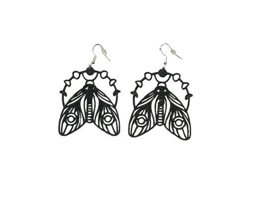 Celestial Moth Earrings with Moon Phases | Black Glitter 3D Printed Dangles | Celestial Goth Jewelry