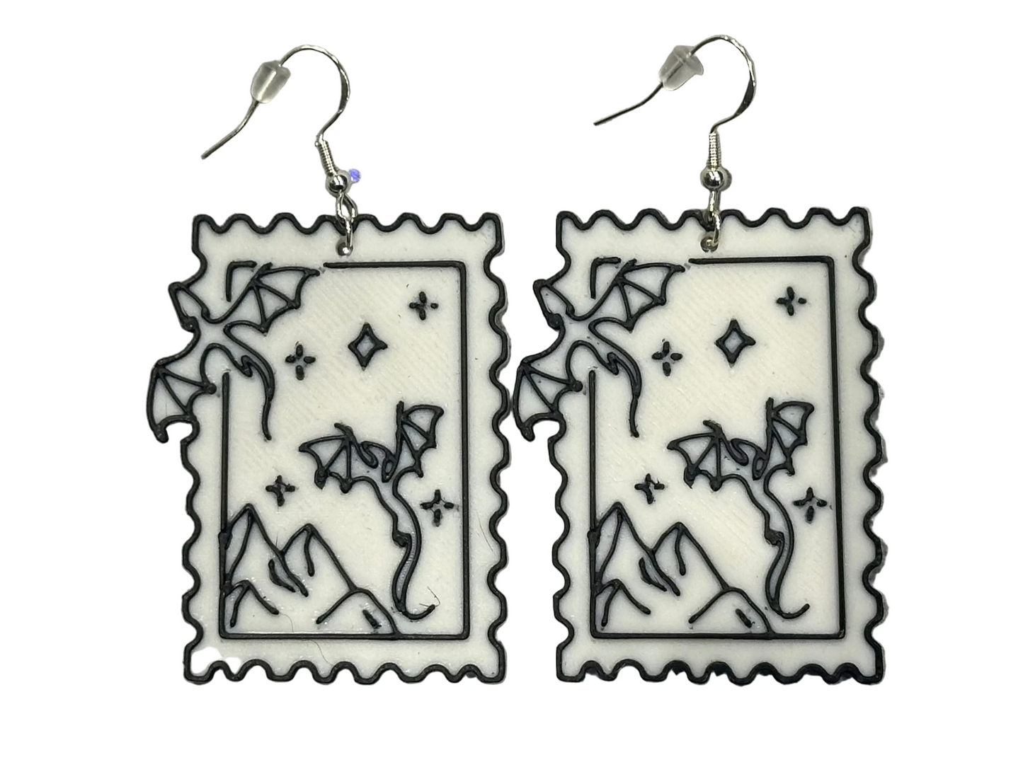 Fantasy Book Lover Dragon Earrings | Lightweight Postage Stamp Dangles | Black or Purple